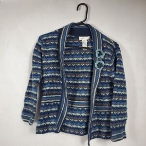 Nine West Lambswool Cardigan Sweater Youth Large Blue Striped Metallic Crochet